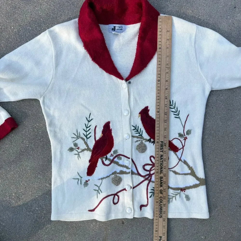 Vintage 90s JTWO Christmas Cardinals Winter Cardigan Sweater Red Collar LARGE